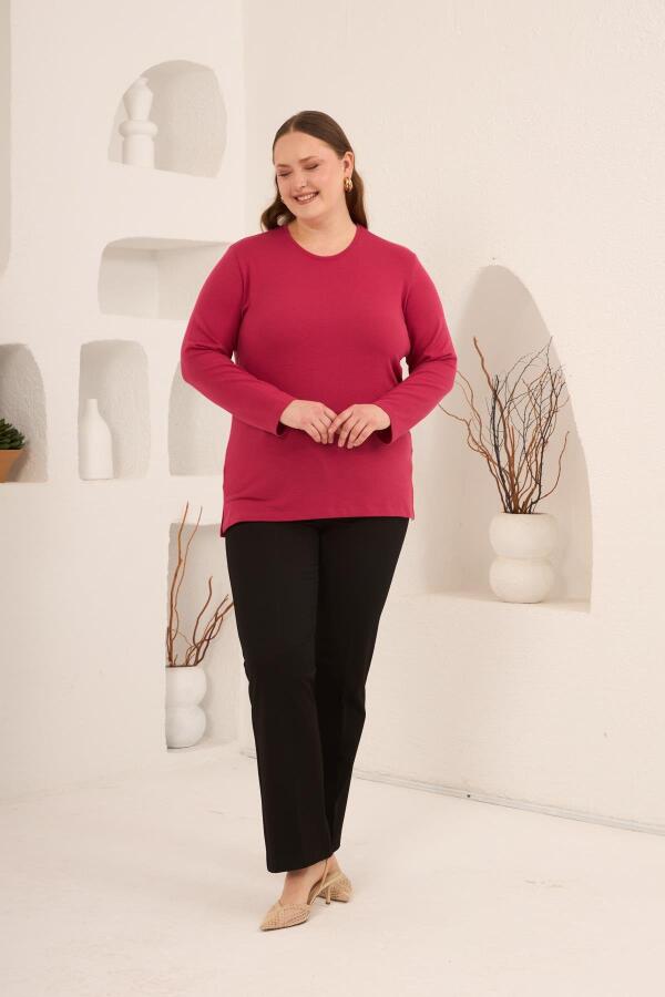 Yırtmaç Detaylı Bisiklet Yaka Kadın Büyük Beden Basic Triko Fuşya - 5