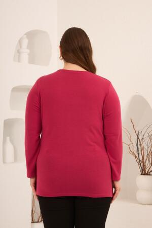 Yırtmaç Detaylı Bisiklet Yaka Kadın Büyük Beden Basic Triko Fuşya - 6