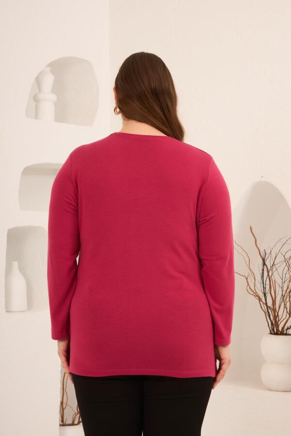 Yırtmaç Detaylı Bisiklet Yaka Kadın Büyük Beden Basic Triko Fuşya - 6