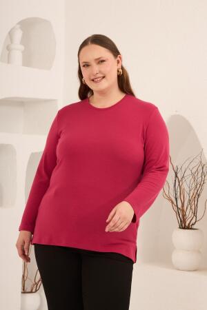Yırtmaç Detaylı Bisiklet Yaka Kadın Büyük Beden Basic Triko Fuşya - RMG