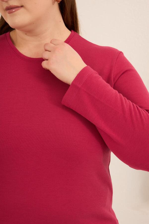 Yırtmaç Detaylı Bisiklet Yaka Kadın Büyük Beden Basic Triko Fuşya - 2