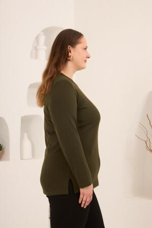 Yırtmaç Detaylı Bisiklet Yaka Kadın Büyük Beden Basic Triko Haki - 3