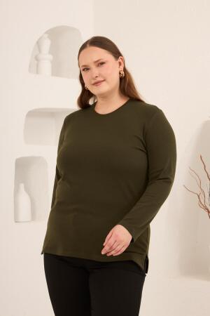 Yırtmaç Detaylı Bisiklet Yaka Kadın Büyük Beden Basic Triko Haki - 4