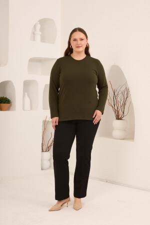 Yırtmaç Detaylı Bisiklet Yaka Kadın Büyük Beden Basic Triko Haki - 5