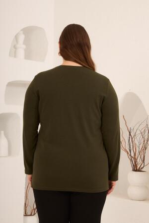 Yırtmaç Detaylı Bisiklet Yaka Kadın Büyük Beden Basic Triko Haki - 6
