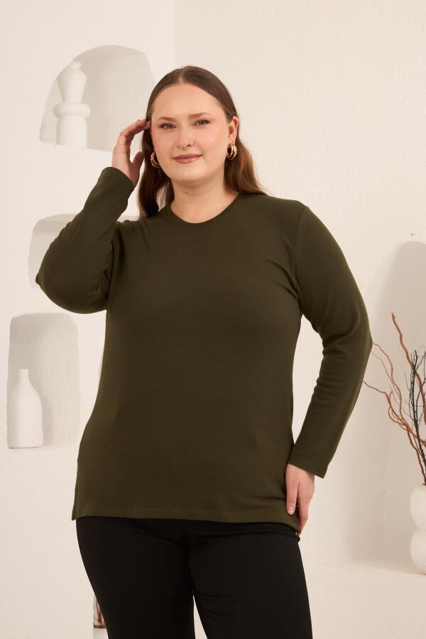 Yırtmaç Detaylı Bisiklet Yaka Kadın Büyük Beden Basic Triko Haki - 1