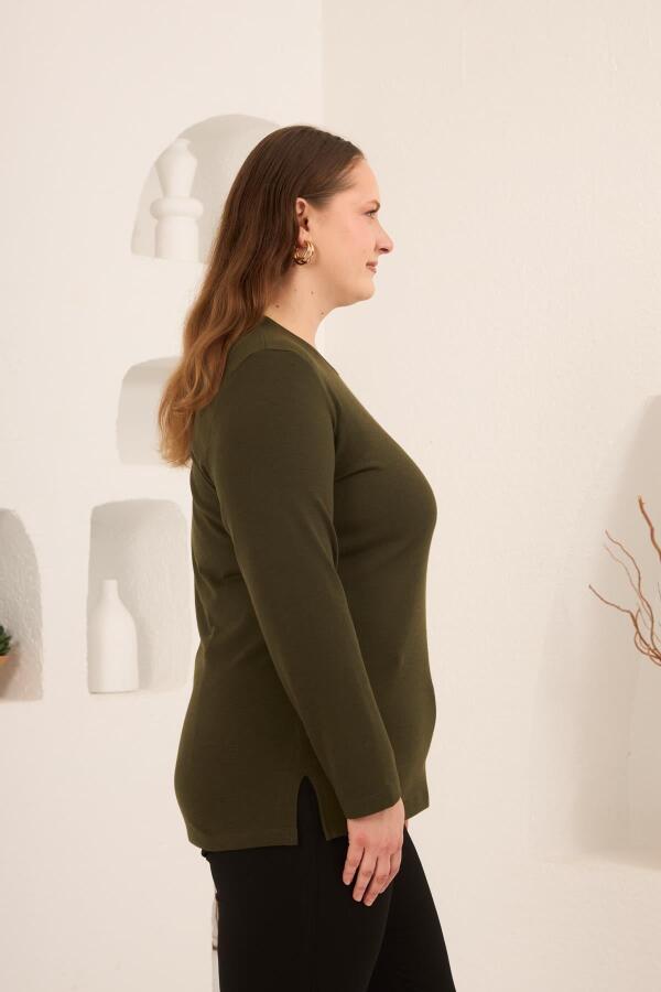 Yırtmaç Detaylı Bisiklet Yaka Kadın Büyük Beden Basic Triko Haki - 3