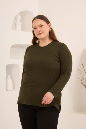 Yırtmaç Detaylı Bisiklet Yaka Kadın Büyük Beden Basic Triko Haki - 4