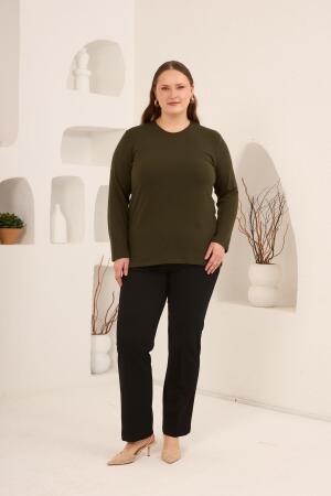 Yırtmaç Detaylı Bisiklet Yaka Kadın Büyük Beden Basic Triko Haki - 5