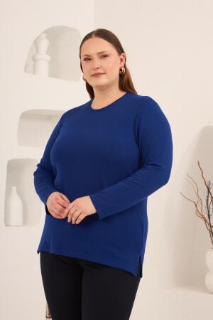 Yırtmaç Detaylı Bisiklet Yaka Kadın Büyük Beden Basic Triko Saks - 4