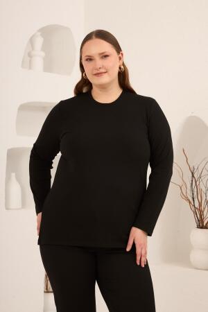 Yırtmaç Detaylı Bisiklet Yaka Kadın Büyük Beden Basic Triko Siyah - 3