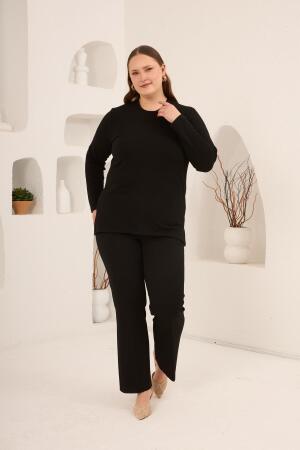 Yırtmaç Detaylı Bisiklet Yaka Kadın Büyük Beden Basic Triko Siyah - 4