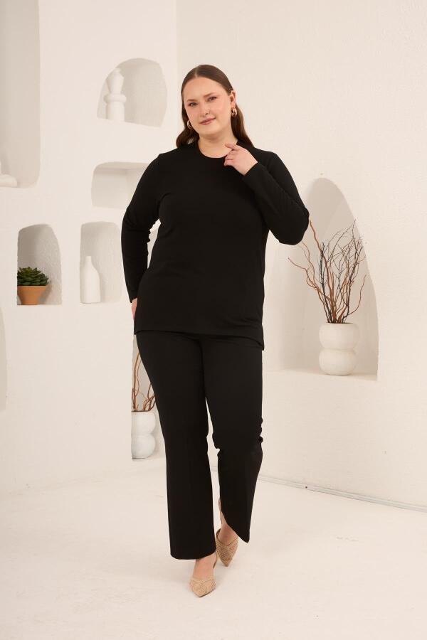 Yırtmaç Detaylı Bisiklet Yaka Kadın Büyük Beden Basic Triko Siyah - 4