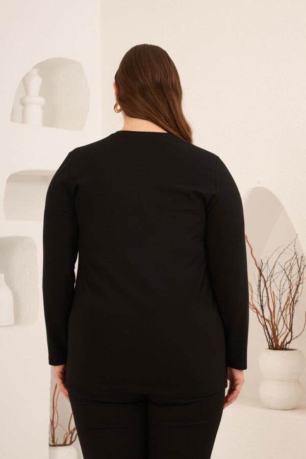 Yırtmaç Detaylı Bisiklet Yaka Kadın Büyük Beden Basic Triko Siyah - 6