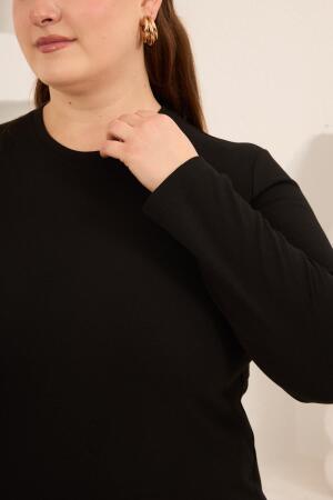 Yırtmaç Detaylı Bisiklet Yaka Kadın Büyük Beden Basic Triko Siyah - RMG (1)