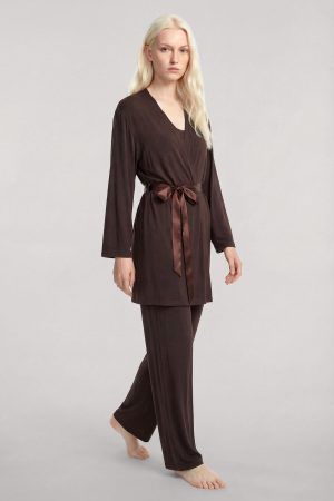 Yumuşak Dokulu Dökümlü Kısa Kimono Kahve - 
