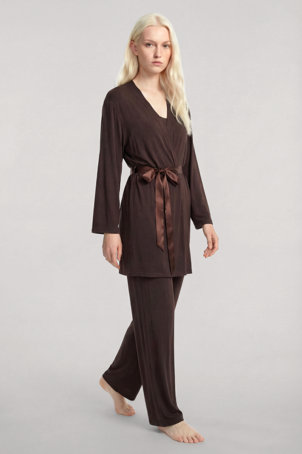 Yumuşak Dokulu Dökümlü Kısa Kimono Kahve - 1