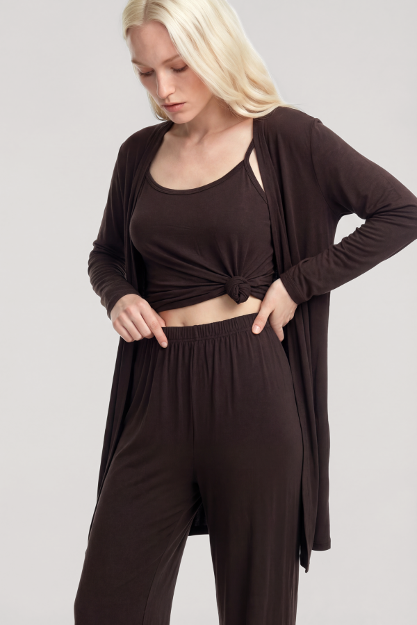 Yumuşak Dokulu Dökümlü Kısa Kimono Kahve - 2