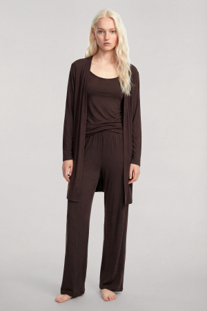 Yumuşak Dokulu Dökümlü Kısa Kimono Kahve - 3