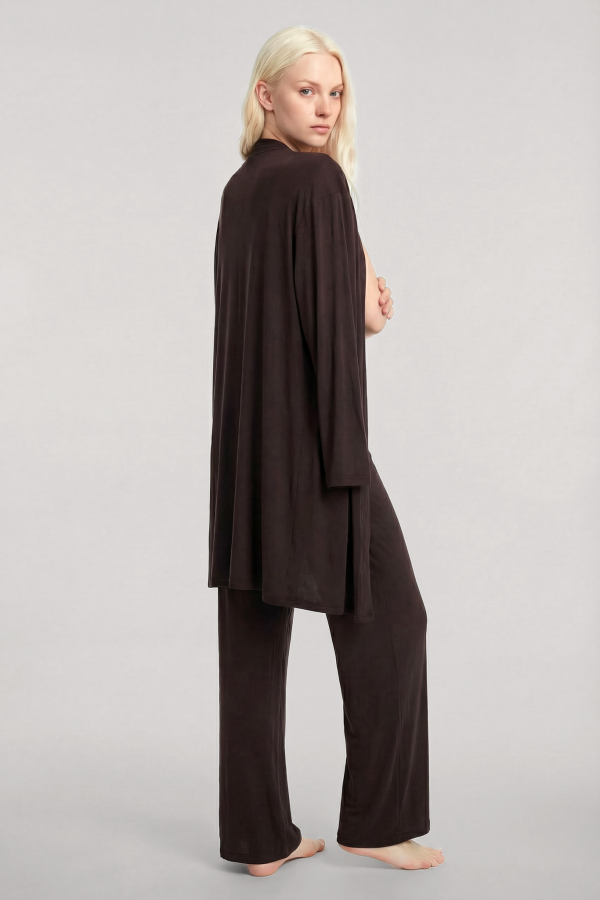 Yumuşak Dokulu Dökümlü Kısa Kimono Kahve - 4