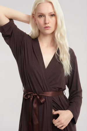 Yumuşak Dokulu Dökümlü Kısa Kimono Kahve - 5