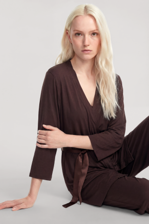Yumuşak Dokulu Dökümlü Kısa Kimono Kahve - 6