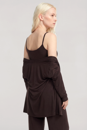 Yumuşak Dokulu Dökümlü Kısa Kimono Kahve - 7