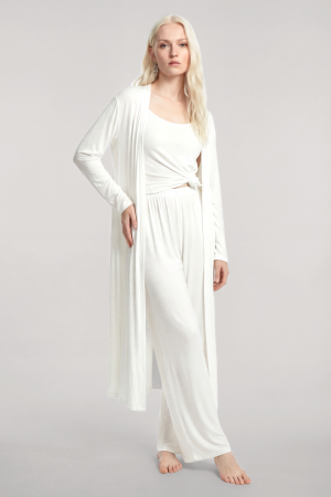 Yumuşak Dokulu Dökümlü Uzun Kimono Ekru - 3