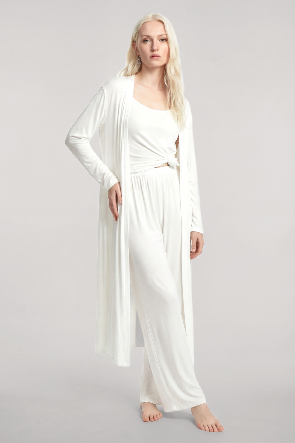 Yumuşak Dokulu Dökümlü Uzun Kimono Ekru - 3