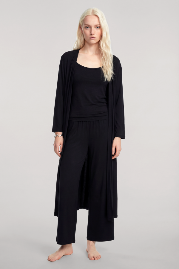 Yumuşak Dokulu Dökümlü Uzun Kimono Siyah - 2