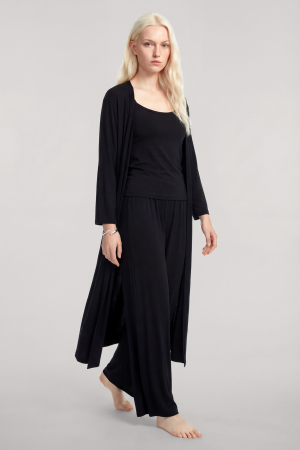 Yumuşak Dokulu Dökümlü Uzun Kimono Siyah - 3