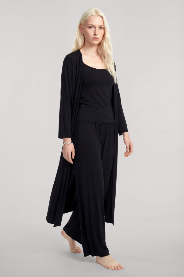 Yumuşak Dokulu Dökümlü Uzun Kimono Siyah - 3
