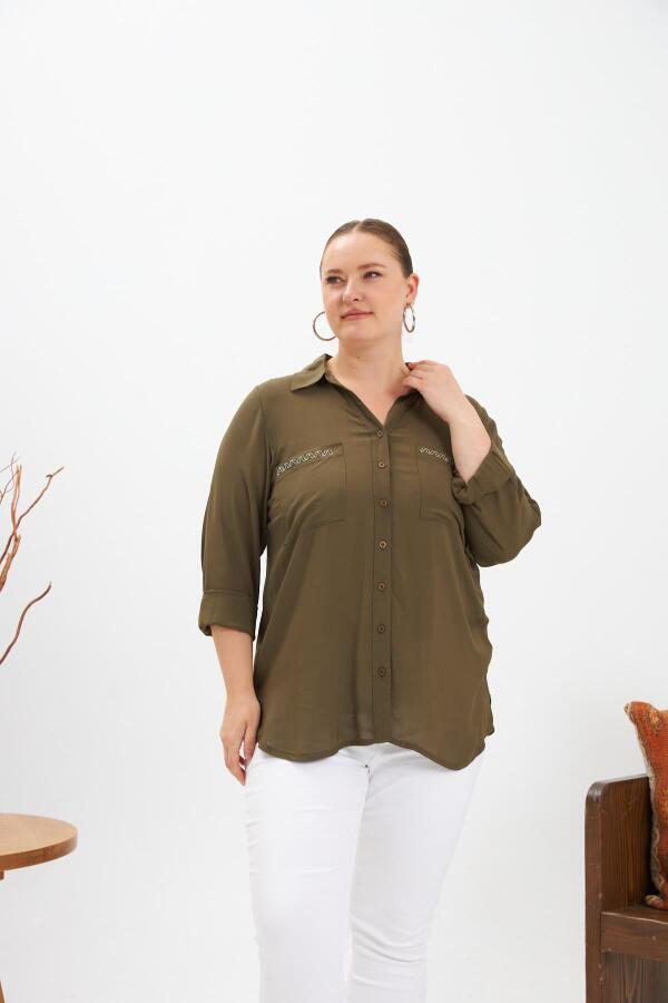 Zincir Nakış Detay Büyük Beden Gömlek Haki - 3