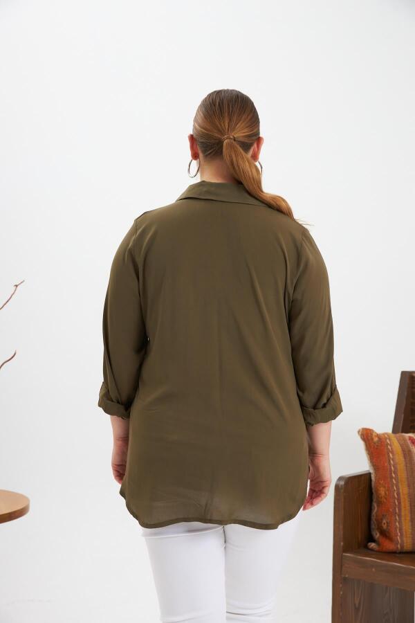 Zincir Nakış Detay Büyük Beden Gömlek Haki - 7