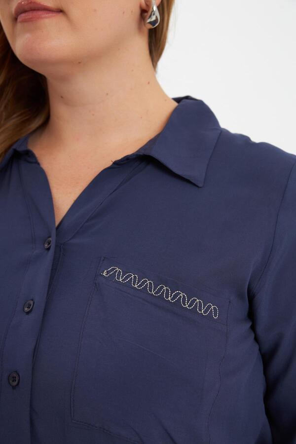 Zincir Nakış Detay Büyük Beden Gömlek Lacivert - 4