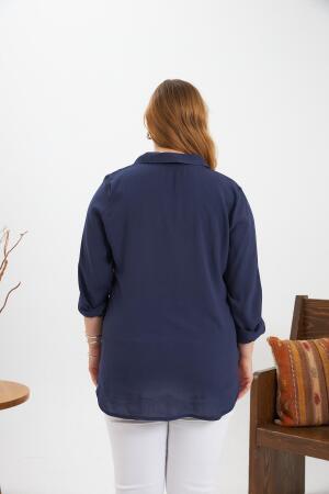 Zincir Nakış Detay Büyük Beden Gömlek Lacivert - 5