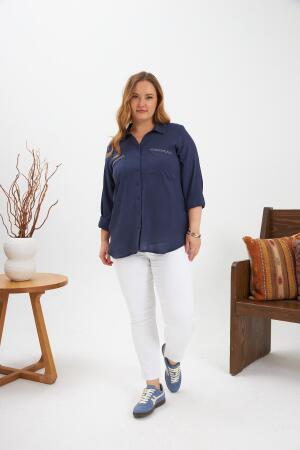 Zincir Nakış Detay Büyük Beden Gömlek Lacivert - 6