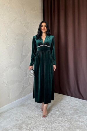 Zümrüt Göğüs Altı Taşlı Elbise - 1