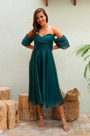 Emerald Low Sleeve Organza Engagement Evening Dress - 1