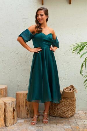 Emerald Low Sleeve Organza Engagement Evening Dress - 3