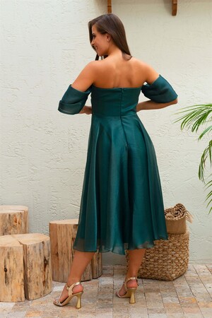 Emerald Low Sleeve Organza Engagement Evening Dress - 5