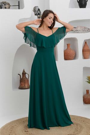 Emerald Low Sleeve Strappy Long Evening Dress - 1