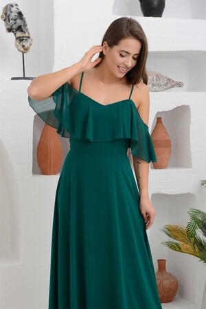 Emerald Low Sleeve Strappy Long Evening Dress - 2