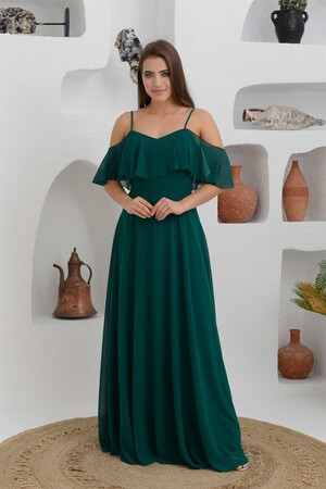 Emerald Low Sleeve Strappy Long Evening Dress - 3